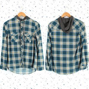 Hooded Plaid Button Up Shirt Teal Mustard